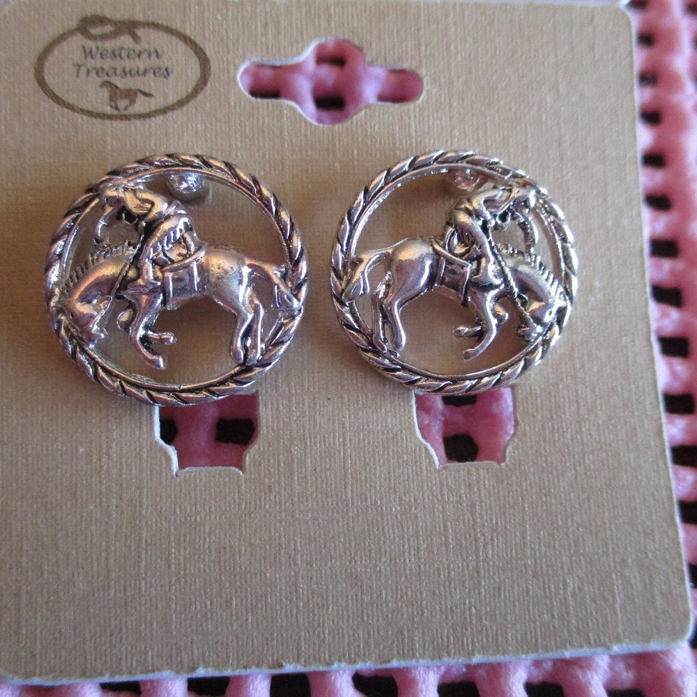 Silvertone Cowboy Bucking Bronco Rider Pierced Earrings